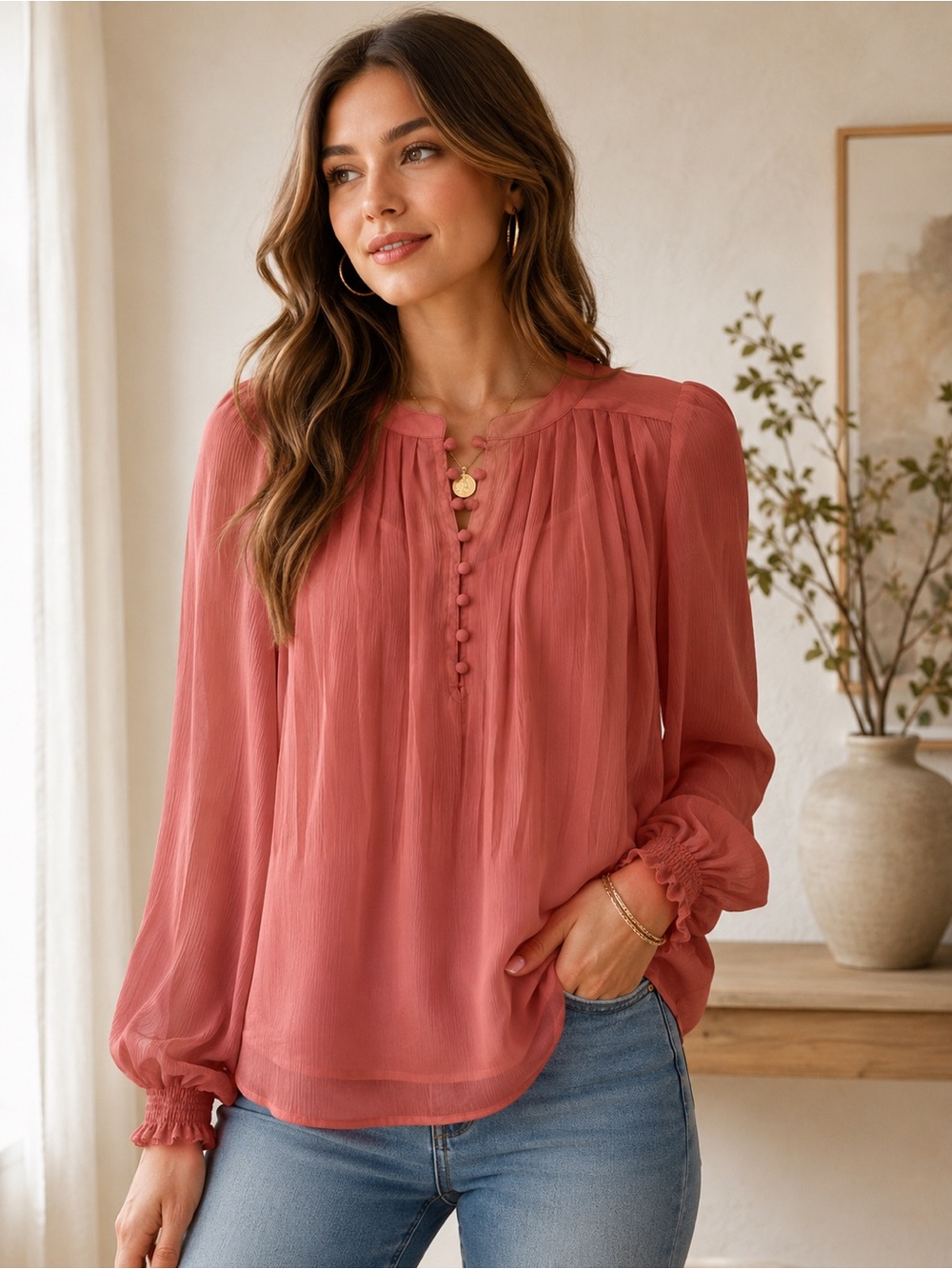 Simply Vera Vera Wang Dusty Rose Sheer Pleated Blouse XS Romantic Boho Peasant